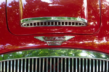 1962 yılından kalma üstü açık Austin-Healey 3000 Mark 3 spor arabasının ön tarafında kanat kaputu amblemi görülüyor..