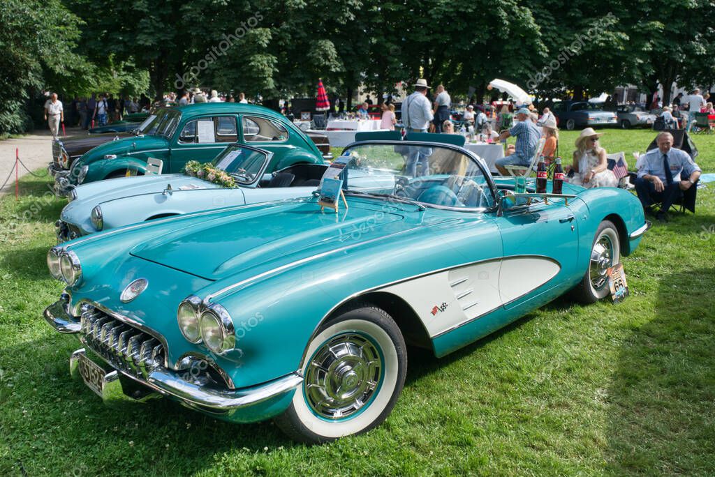 A Chevrolet Corvette C1 sports car from 1960 in Tasco turquoise color exposed during the 47. International Oldtimer-Meeting 2024 in Baden-Baden, Germany.