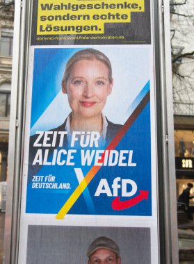 Almanya 'da Federal Seçim 2025. Aday Alice Weidel AfD Alman siyasi partisinin kampanya posterinde (Almanya Alternatifi).