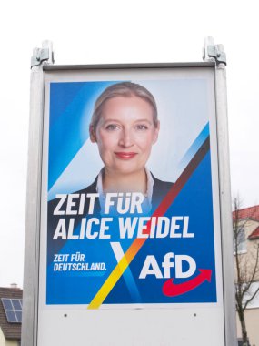 Almanya 'da Federal Seçim 2025. Aday Alice Weidel AfD Alman siyasi partisinin kampanya posterinde (Almanya Alternatifi).