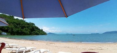 Rio de Janeiro, Brezilya 'daki Paraty Plajı' nda bir plaj şemsiyesinin gölgesinde dinleniyor.