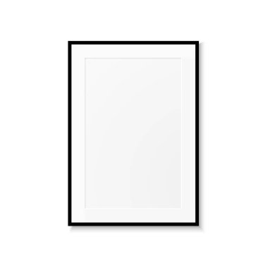 Realistic picture frame with black border and shadow. Isolated on white background. Minimalistic geometric design. Empty space for your content. Can be used like mockup, template, poster, card etc.