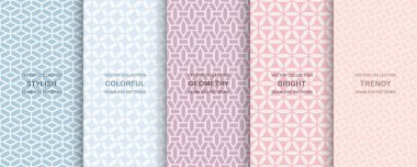 Renkli geometrik basit, pürüzsüz süs desenleri seti. Hassas simetrik kiremit dokular. Tekrarlanabilir dekoratif arka planlar. Moda tekstil şirin baskılar.