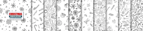 ベクトルハンドのコレクションは シームレスなクリスマスパターンを描いた モノクロデザイン 新しい年のプリントを描く黒と白のお祭り ドアスタイルの休日無限の背景 — ストックベクタ