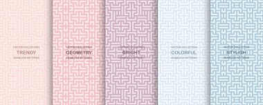 Renkli süslemesiz geometrik desenler seti. Hassas simetrik kiremit dokular. Vektör dekoratif arka planlar. Tekstil sonu olmayan baskılar.