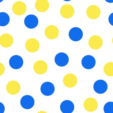 Vektörsüz parlak noktalı renkli desen. Soyut modayı takip eden beyaz bir zemin. Tekrarlanabilir polka nokta izi. Ukrayna renkleri sembolik.