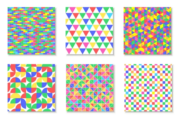 Set Modelli Geometrici Ripetibili Colorati Luminosi Sfondi Astratti Opere Arte — Vettoriale Stock