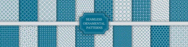 Sammlung Nahtloser Ornamentaler Vektormuster Blaue Und Weiße Orientalische Vintage Hintergründe — Stockvektor