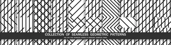 シームレスな縞模様のコレクション ベクトル再現可能な幾何学的背景 黒と白のグリッドテクスチャ 対称的なプリント 無限のデザインは スウォッチパネルで見ることができます — ストックベクタ