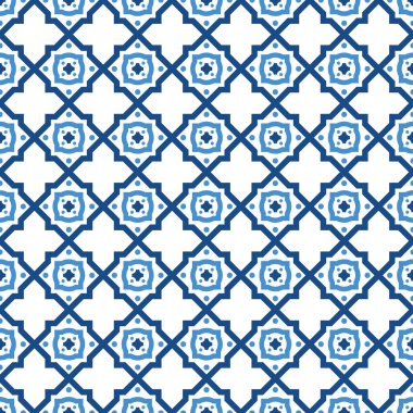 Vektörsüz süslemeli geometrik desen - mavi ve beyaz fayans dokusu. Tekrarlanabilir vektör arkaplanı.