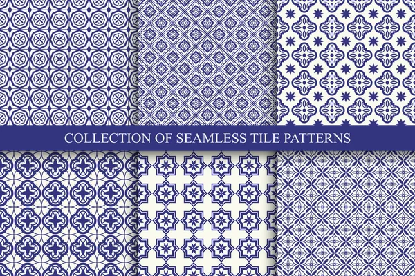 Collection Vector Seamless Ornamental Geometric Patterns Blue White Tile Textures — Stock Vector