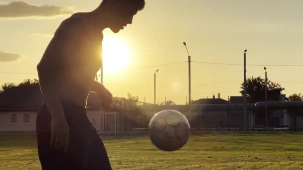 Young Man Juggling Soccer Ball Stadium Sunset Professional Footballer Kicking — Stock Video