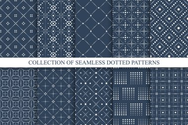 Collection of vector seamless dotted patterns - blue geometric elegant design. Minimalistic stylish prints. Trendy ornamental backgrounds.