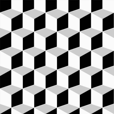 Tek renkli, dikişsiz geometrik desen. Tekrarlanabilir 3d küp arkaplanı. Dekoratif siyah ve beyaz dokusu.