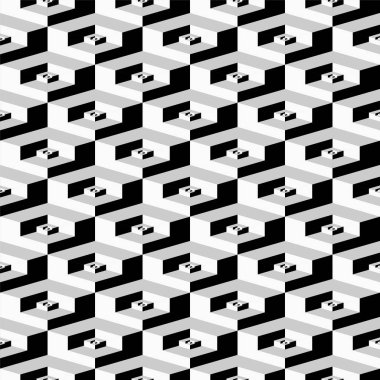 Vektörsüz geometrik desen. Tek renkli küplerin arka planı tekrarlanabilir. Dekoratif siyah ve beyaz 3d doku.