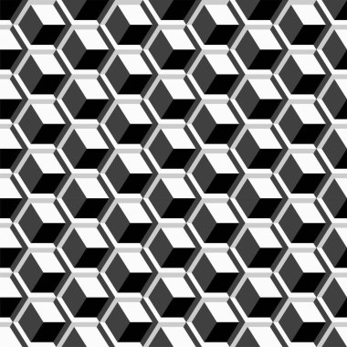Vektörsüz geometrik desen. Tek renkli küplerin arka planı tekrarlanabilir. Dekoratif siyah ve beyaz 3d doku.