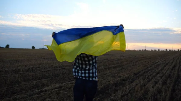 Украинка Бегает Поднятым Флагом Украины Над Головой Пшеничном Поле Закате — стоковое фото