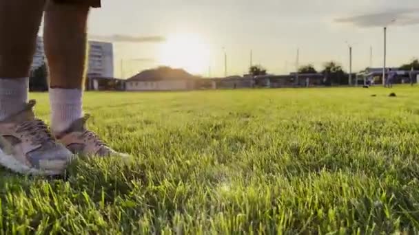男足职业足球运动员在绿地踢球 日落时 一个小伙子的腿在体育馆里跳足球 运动员在室外练习技巧 自由式足球 — 图库视频影像