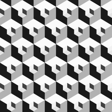 Vektörsüz geometrik desen. Tek renkli küplerin arka planı tekrarlanabilir. Dekoratif siyah ve beyaz 3d doku.