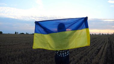 Ukraynalı kadın gün doğumunda ulusal mavi-sarı pankartıyla arpa çayırında yürüyor. Gün batımında başındaki buğday tarlasında Ukrayna bayrağını taşıyan bir kadın. Rus saldırısına karşı zafer