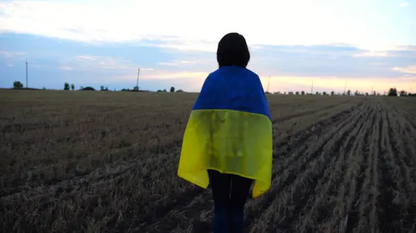 Українська Жінка Ячмінному Лузі Синьо Жовтим Прапором Плечах Заході Сонця — стокове фото