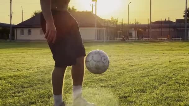 Manliga Fötter Professionell Fotbollsspelare Sparkar Boll Gröna Fältet Ben Ung — Stockvideo