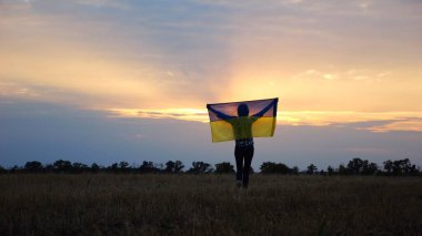 Ukraynalı bir kadın, kafasının üstünde Ukrayna bayrağıyla buğday tarlasında güzel günbatımının arka planına doğru gidiyor. Rus saldırısına karşı zafer sembolü olarak ulusal bayrak taşıyan kadın