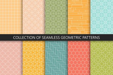 Parlak, pürüzsüz geometrik desenlerin toplanması. Tekrarlanabilir simetri, canlı arka planlar. Izgara desenleri - dekoratif taslak baskılar.