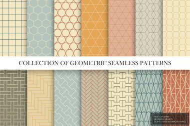 Dikensiz renkli süslemeli geometrik desenler koleksiyonu. Moda vektör oryantal vintage arka planlar. Şebeke dokuları. Örneklerin panelinde sonsuz tasarım bulabilirsiniz.