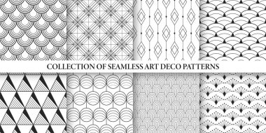 Siyah ve beyaz süslemesiz vektör geometrik desenler koleksiyonu. Zarif ve sonu gelmez sanat deco dekorasyonu. Tekrarlanabilir tek renkli kumaş baskıları.