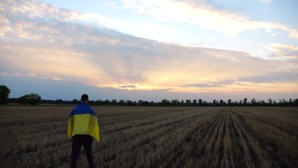 Ukrainischer Mann Der Bei Sonnenuntergang Mit Einem Blau Gelben Banner — Stockvideo
