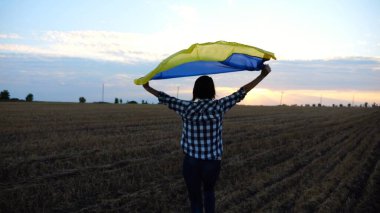 Ukraynalı bir kadın gün batımında kafasının üstünde Ukrayna bayrağıyla koşuyor. Bayan gün doğumunda ulusal mavi-sarı bayrak ile arpa çayırında koşuyor. Rus saldırısına karşı zafer