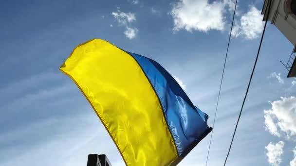 하늘의 배경에 대하여 바람에 흔들리는 깃발에 우크라이나 화창한 우크라이나의 파란색 — 비디오