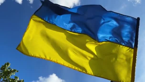 Ukraińska Flaga Maszcie Flagowym Machająca Wietrze Tle Nieba Niebiesko Żółty — Wideo stockowe