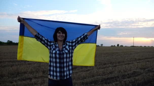 Happy Woman Looks Camera Standing Wheat Field Lifted Blue Yellow — Stock Video