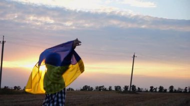 Arpa çayırında dikilen mutlu kadın Ukrayna bayrağını göndere çekti. Arka planda güzel bir günbatımında mavi-sarı pankartıyla Ukraynalı bir kadın. Savaşın sonu..