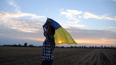 Arpa çayırında dikilen mutlu bir kadın Ukrayna bayrağını göndere çekiyor. Gün batımında buğday tarlasında mavi-sarı pankartıyla gezen Ukraynalı gülen kadın. Avrupa 'daki savaşın sonu.