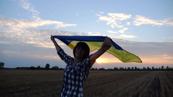 Щаслива Жінка Дивиться Камеру Стоїть Пшеничному Полі Піднятим Синьо Жовтим — стокове відео