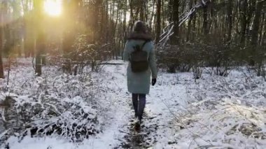 Güneşli karlı ormanda yürüyen genç kadını takip edin. Sırt çantalı kız, güzel kış ormanlarında patikaların arasına gidiyor. Tanımlanamayan bayan dışarıda gezmekten zevk alıyor. Manzaraya hayran kalıyor.