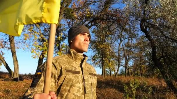 Hombre Con Uniforme Militar Sostiene Bandera Ucrania Campo Soldado Masculino — Vídeo de stock