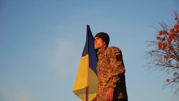 Hombre Joven Uniforme Camuflaje Levantando Bandera Azul Amarilla Honor Victoria — Vídeo de stock