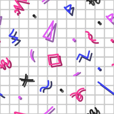 Yaratıcı geometrik şekilli renksiz ızgara şablonu. Parlak tasarım, moda modası 80-90 'lar. Artistik moda havalı arka plan. Canlı kumaş izi..