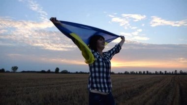 Arpa çayırında dikilen mutlu bir kadın Ukrayna bayrağını göndere çekiyor. Gün batımında buğday tarlasında mavi-sarı pankartıyla gezen Ukraynalı gülen kadın. Avrupa 'daki savaşın sonu.