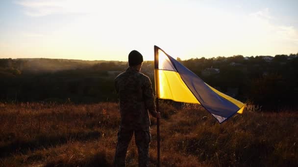 Hombre Del Ejército Ucraniano Está Pie Con Bandera Nacional Campo — Vídeo de stock