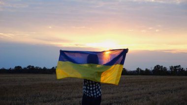 Arpa çayırında yürüyüp Ukrayna bayrağını dalgalandıran mutlu bir kadın. Arka planda güzel bir günbatımında mavi-sarı pankartıyla Ukraynalı bir kadın. Savaşın sonu.