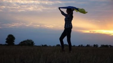 Arpa çayırında yürüyüp Ukrayna bayrağını dalgalandıran mutlu bir kadın. Arka planda güzel bir günbatımında mavi-sarı pankartıyla Ukraynalı bir kadın. Savaş konsepti bitti.