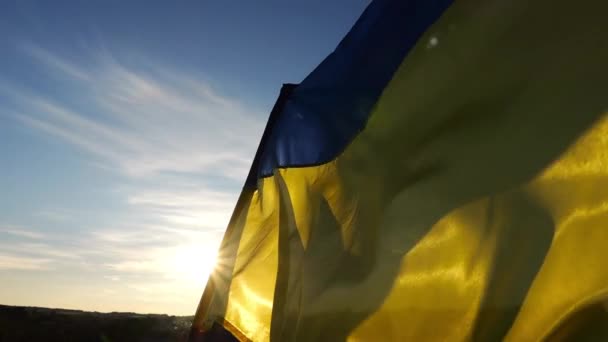 Soldado Masculino Exército Ucraniano Com Bandeira Nacional Contra Luz Solar — Vídeo de Stock