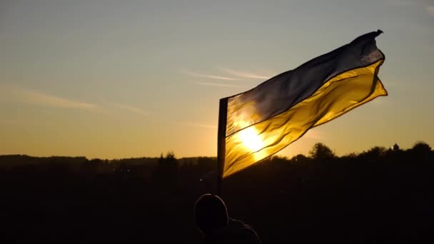 Jovem Uniforme Militar Acenando Bandeira Ucrânia Contra Belo Pôr Sol — Vídeo de Stock