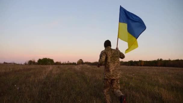Jeune Militaire Masculin Uniforme Jogging Avec Drapeau Ukraine Prairie Soldat — Video