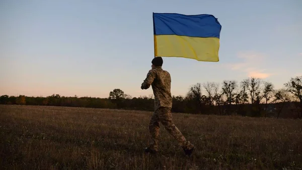 Soldier of ukrainian army running with raised blue-yellow banner on field at dusk. Young male military in uniform jogging with flag of Ukraine at meadow. Victory against russian aggression concept.